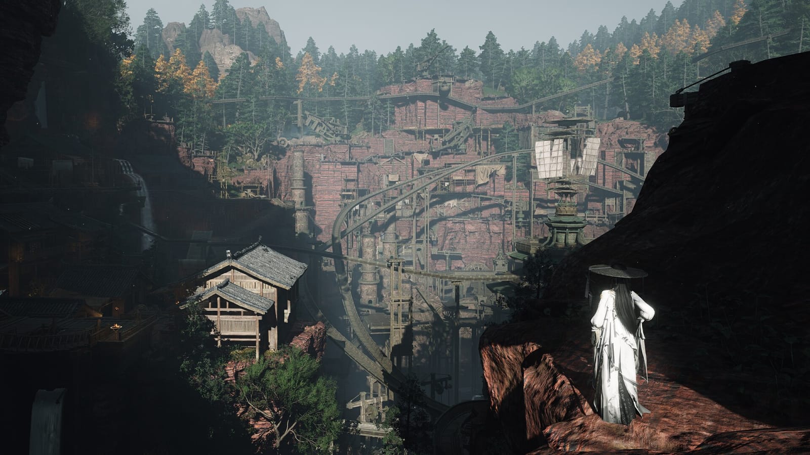Where Winds Meet gameplay — rooftop martial-arts combat in a rain-soaked ancient Chinese city.