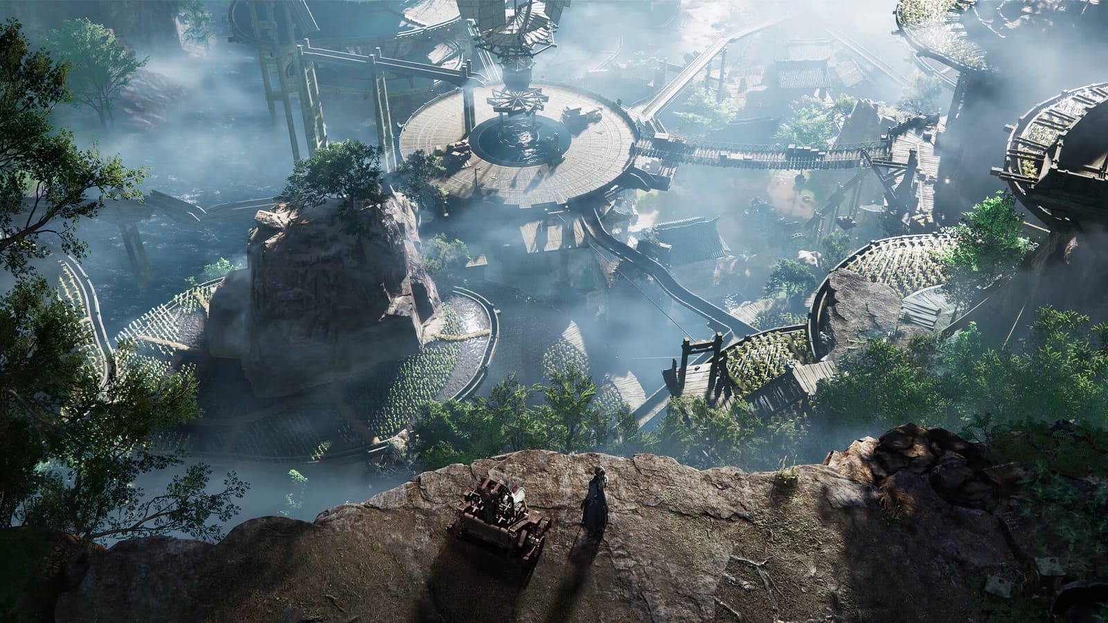 Where Winds Meet gameplay — a wuxia swordsman crossing a misty mountain landscape.