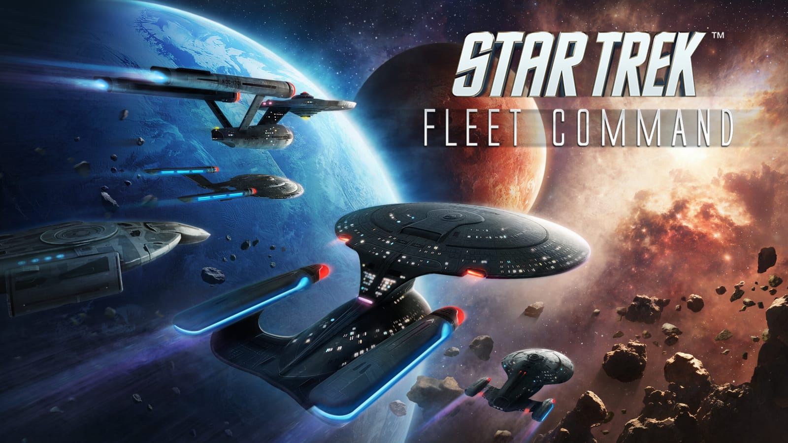 Promotional space scene from Star Trek Fleet Command showing starships near a station against a nebula backdrop.