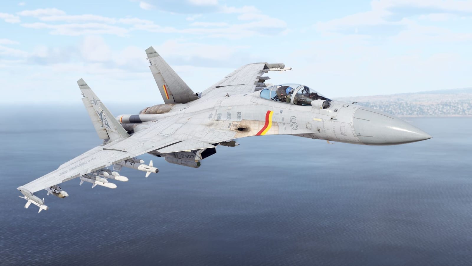 War Thunder gameplay — an aerial dogfight over a coastal battlefield.