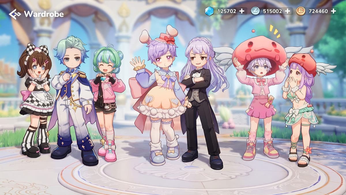 A wardrobe screen showing a row of outfits on chibi characters