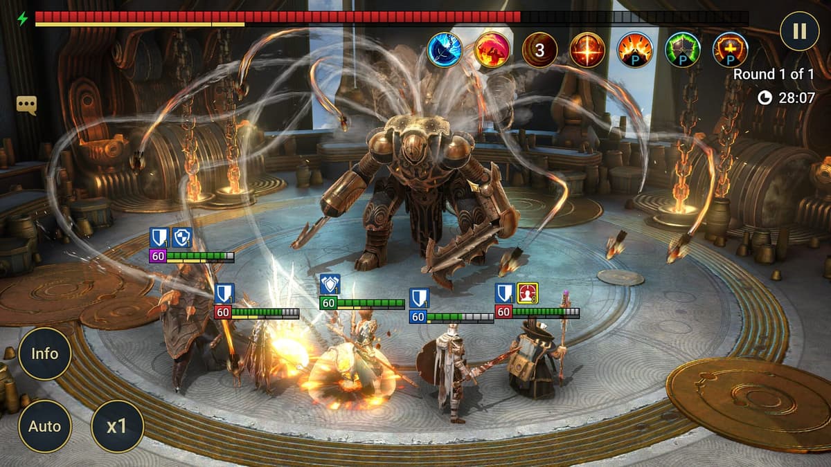 A turn-based fight against a large mechanical boss