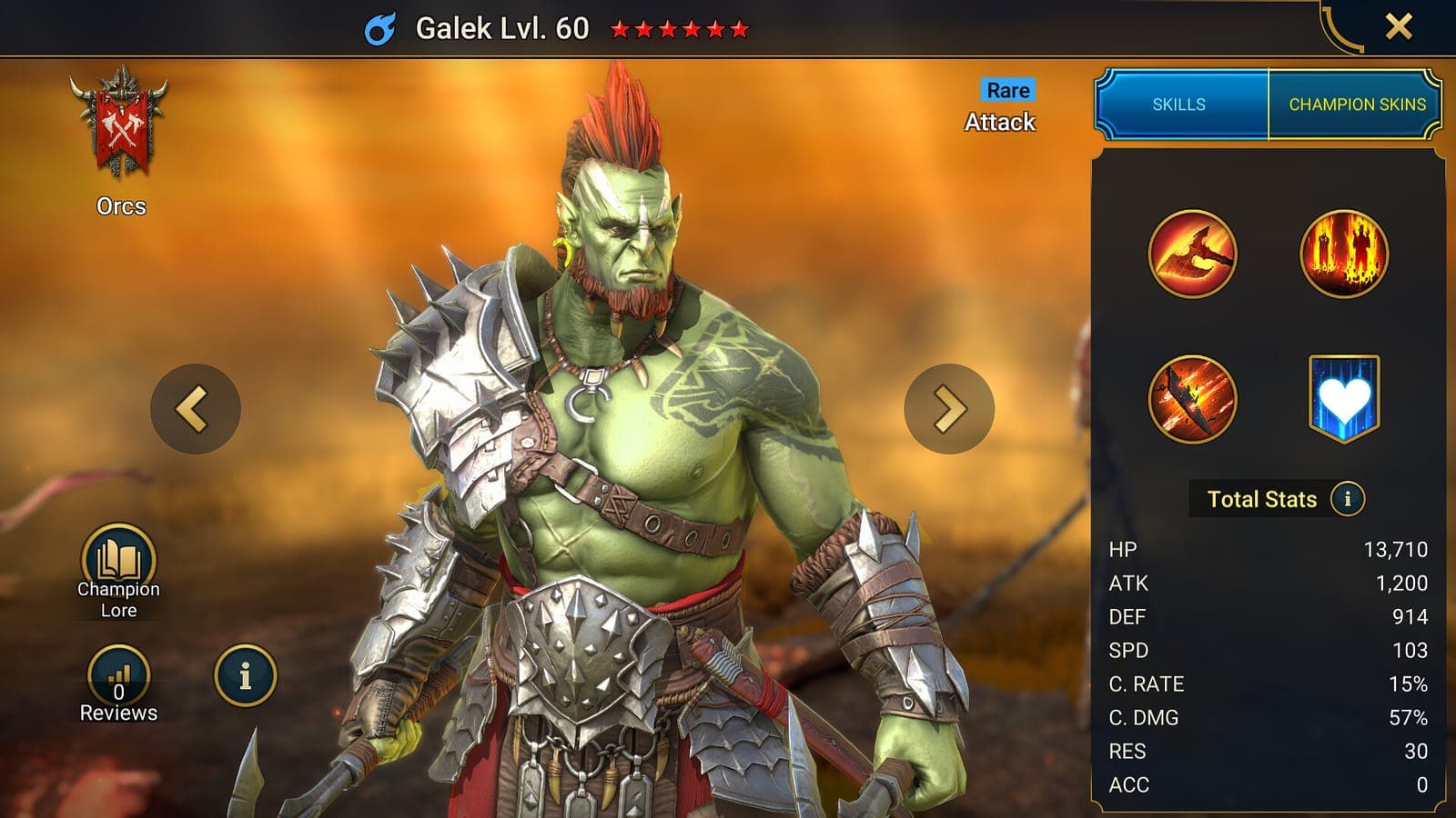 An orc champion with armour and stats displayed in RAID: Shadow Legends.