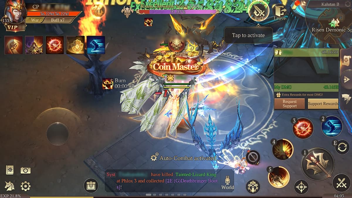 A dark-fantasy battle with big skill effects and loot drops